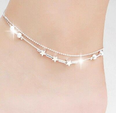 925 Sterling Silver Women's Star Chain Bead Elegant Anklet Ankle Bracelet D613b