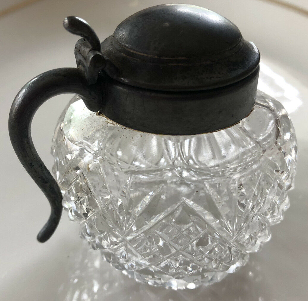 Antique Cut Crystal & Pewter Mustard Jar Honey Jar