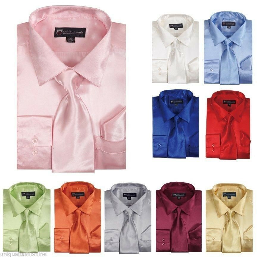Men's  Shiny Satin Dress Shirt With Tie And Handkerchief Set Style Sg-08