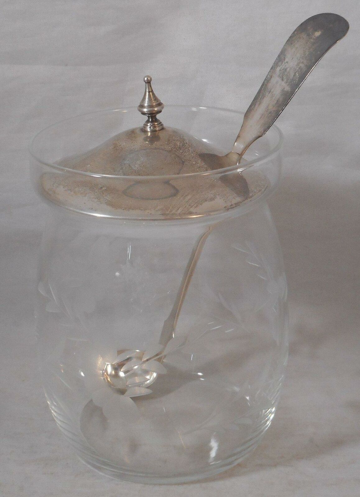 Antique Etched Glass Jam Mustard Jar Pot Coin Silver Serving Spoon G.d. Clark
