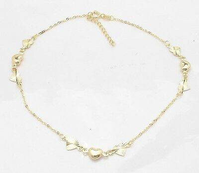 Adjustable Cable Chain Puffed Heart Ankle Bracelet Anklet Real 14k Yellow Gold