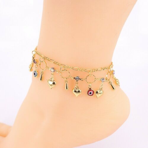 18k Layered Real Gold Filled Anklet Bracelet With Hearts 10" Colors Stones