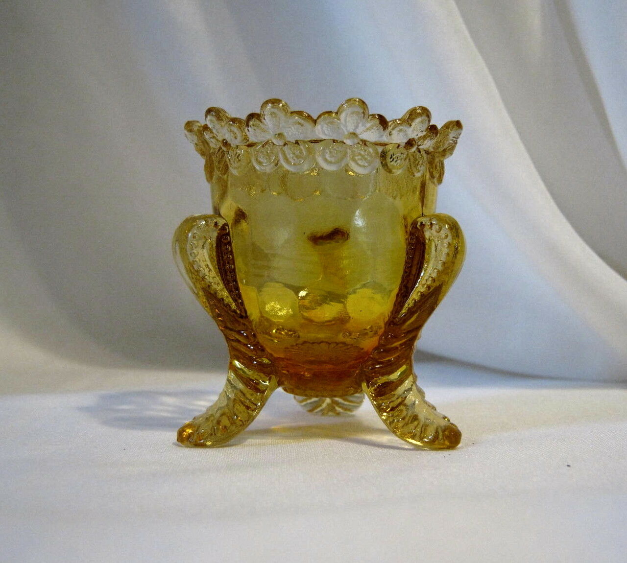 Vintage Degenhart Glass Forget Me Not Yellow Amberina 3 Footed Toothpick Holder