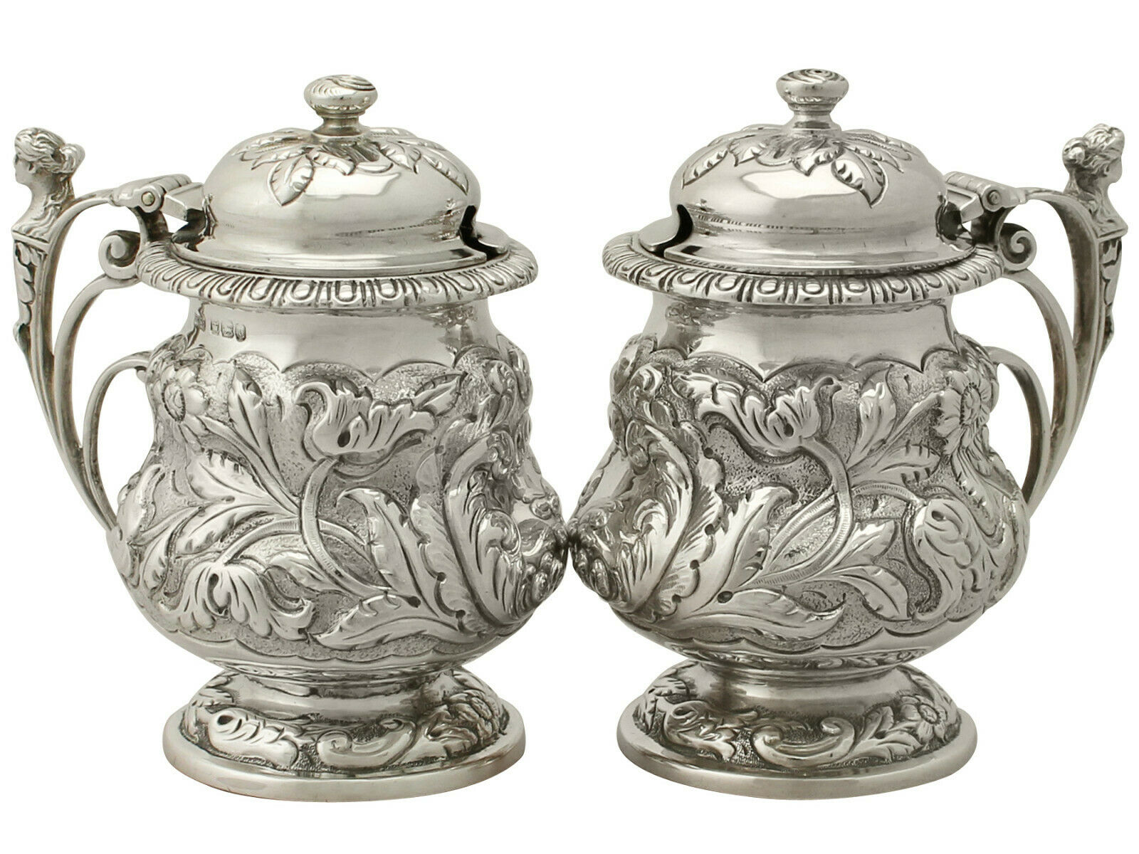 Antique George V, Pair Of Sterling Silver Mustard Pots