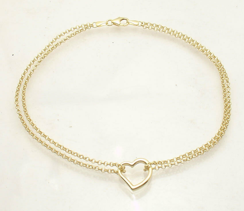 Open Heart Anklet Ankle Bracelet With Double Rolo Chain Real 10k Yellow Gold