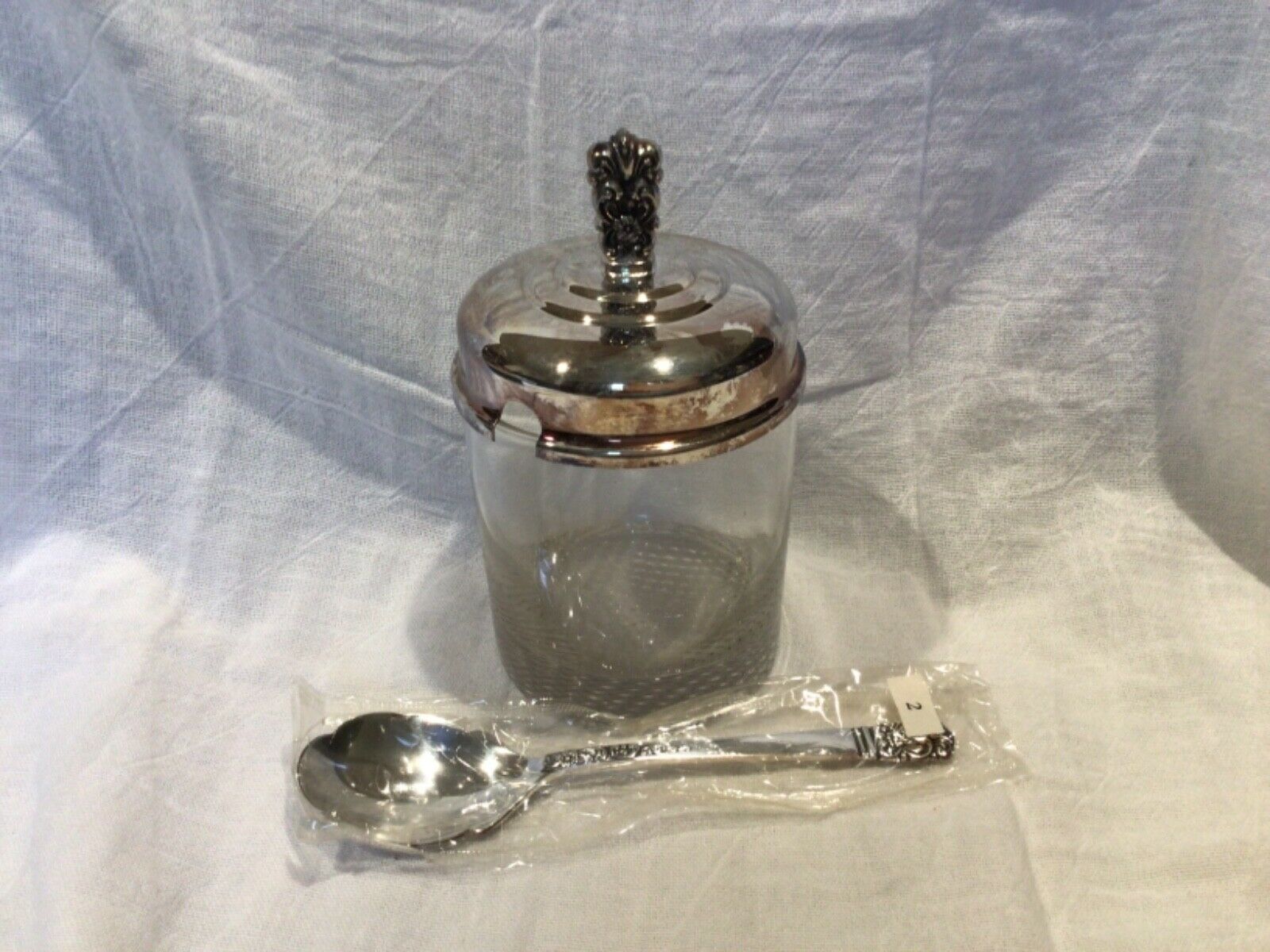 Scandinavia Glass Jam Honey Condiment Mustard Jar Sterling Silver Lid Vintage