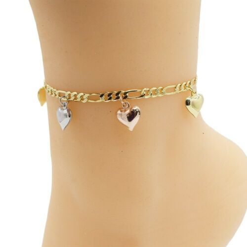 18k Layered Real Gold Filled Anklet Bracelet Three Tones With Hearts Charms 10"