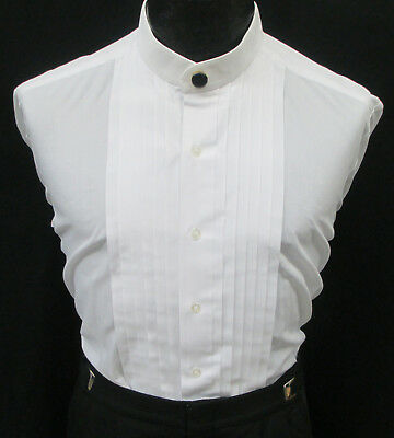 White Banded Nehru Mandarin Collar Pleated Front Tuxedo Shirt With Button Cover